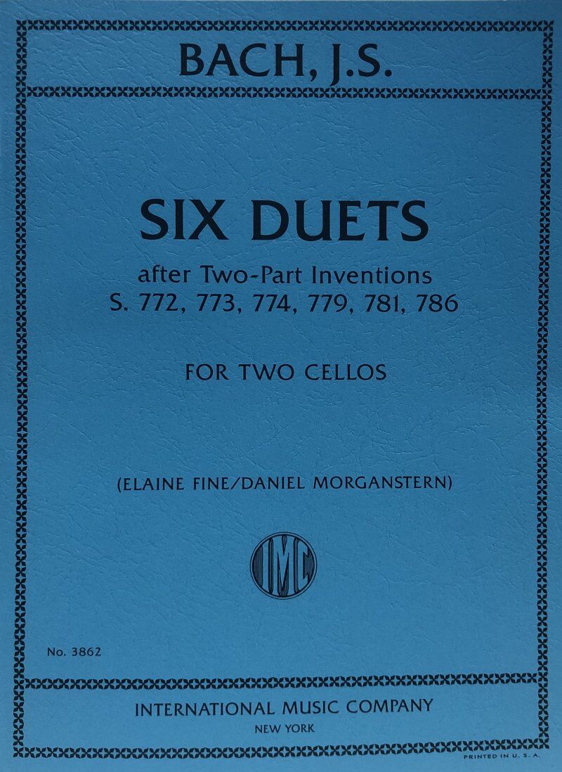 Bach - 6 Duets After 2 Part Inventions for 2 Cellos, Arranged by Elaine Fine, 14 Pages, International Music Company