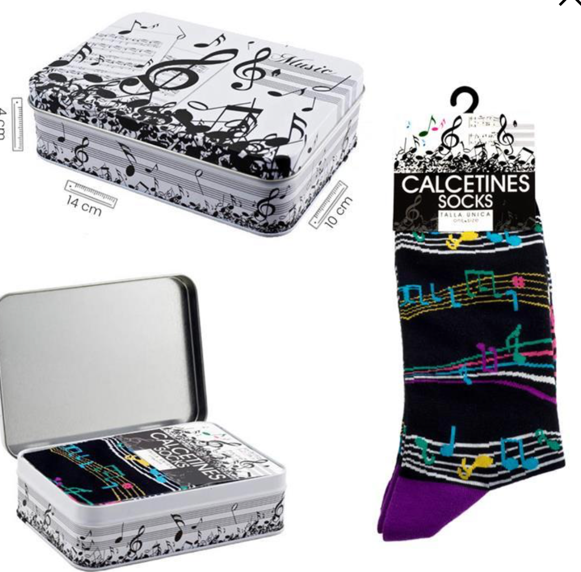 Black Socks with Purple Heels and Colorful Manuscript, Includes Tin
