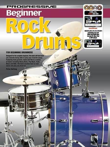 Progressive Beginner Rock Drums Book with 2 DVDs, 1 CD & 1 DVD-ROM for Drum Tutorial