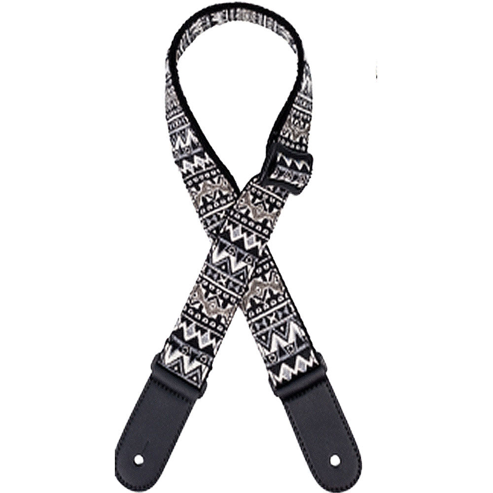 Kealoha 1.5" Cotton/Linen Ukulele Strap Black & White Aztec Design with Adjustable Length and Leatherette Ends