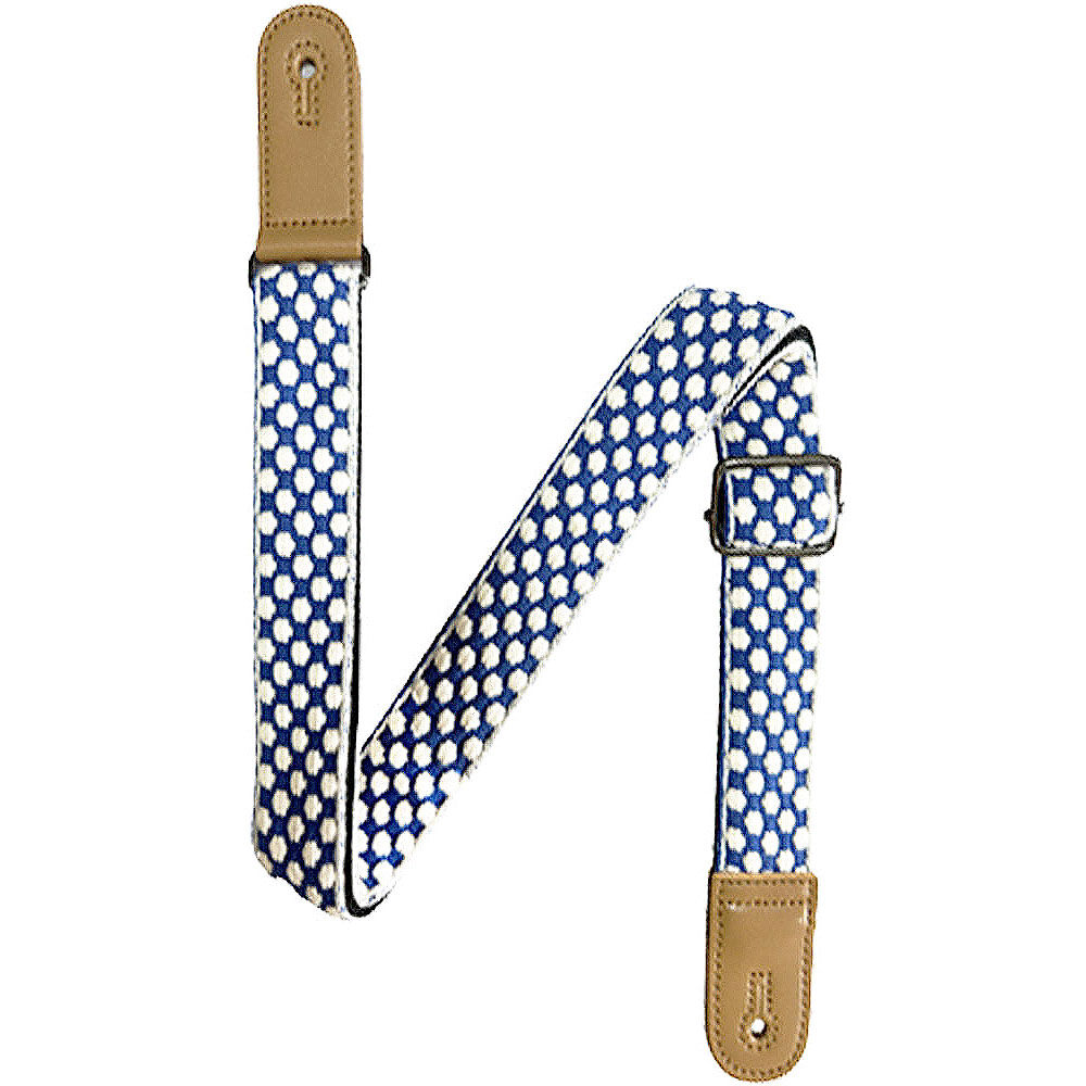 Kealoha 1.5" Blue Embroidered Ukulele Strap with White Dots and Brown Ends