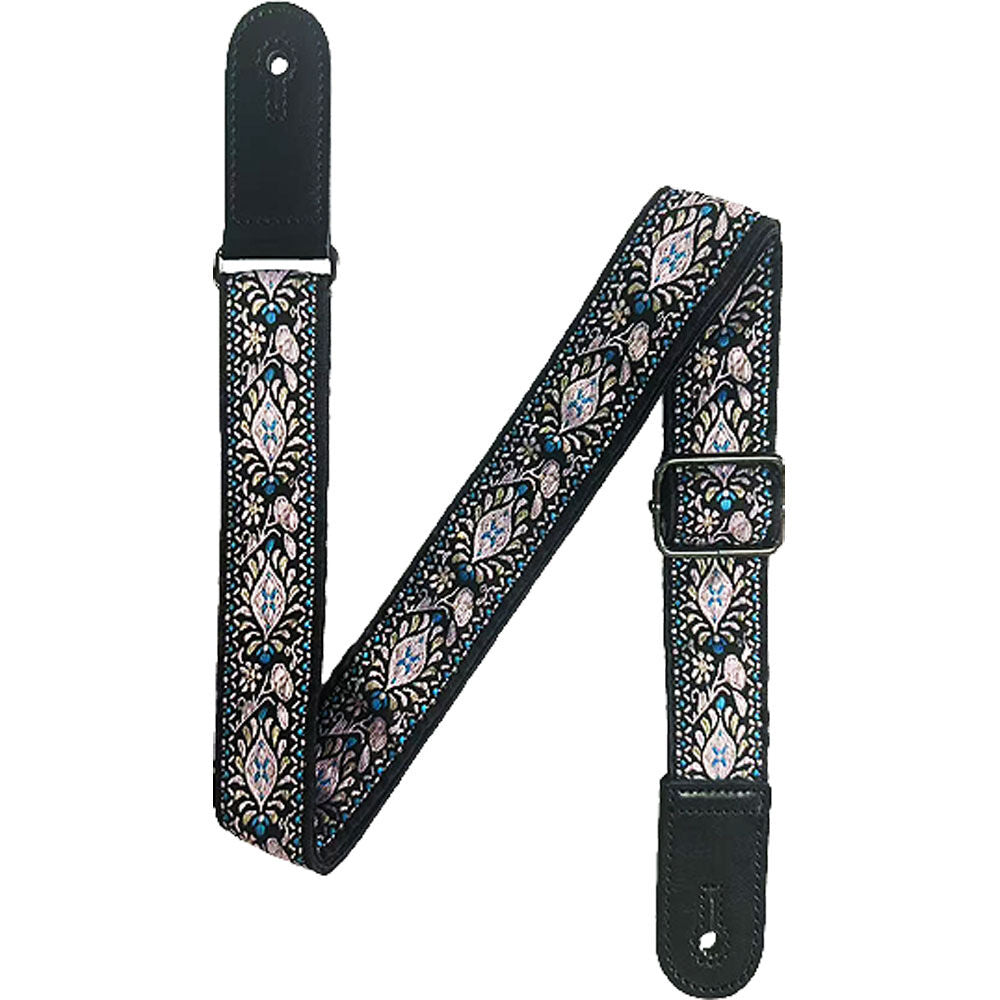 Kealoha 1.5" Embroidered Ukulele Strap Blue Aztec Pattern Black Ends