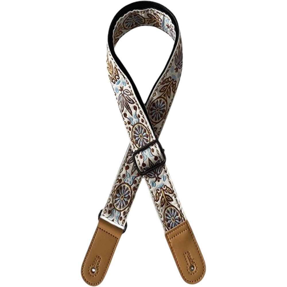 Kealoha 1.5" Embroidered Ukulele Strap - Flower & Wheel Aztec Pattern with Brown Ends