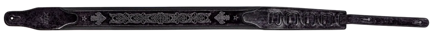 XTR 2.5 Inch Leather Guitar Strap - Black Fleur-de-lis Embossed