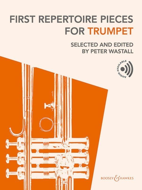 First Repertoire Pieces for Trumpet Book by Boosey & Hawkes, 88 pages, includes piano accompaniment and online tracks, for Grade 3-5 students.