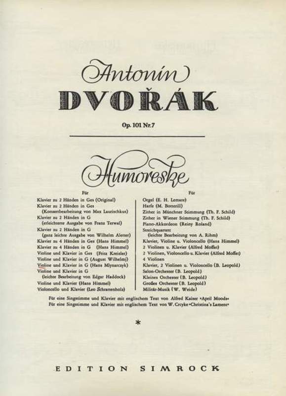 Humoreske Op 101 No 7 Violin Piano Book
