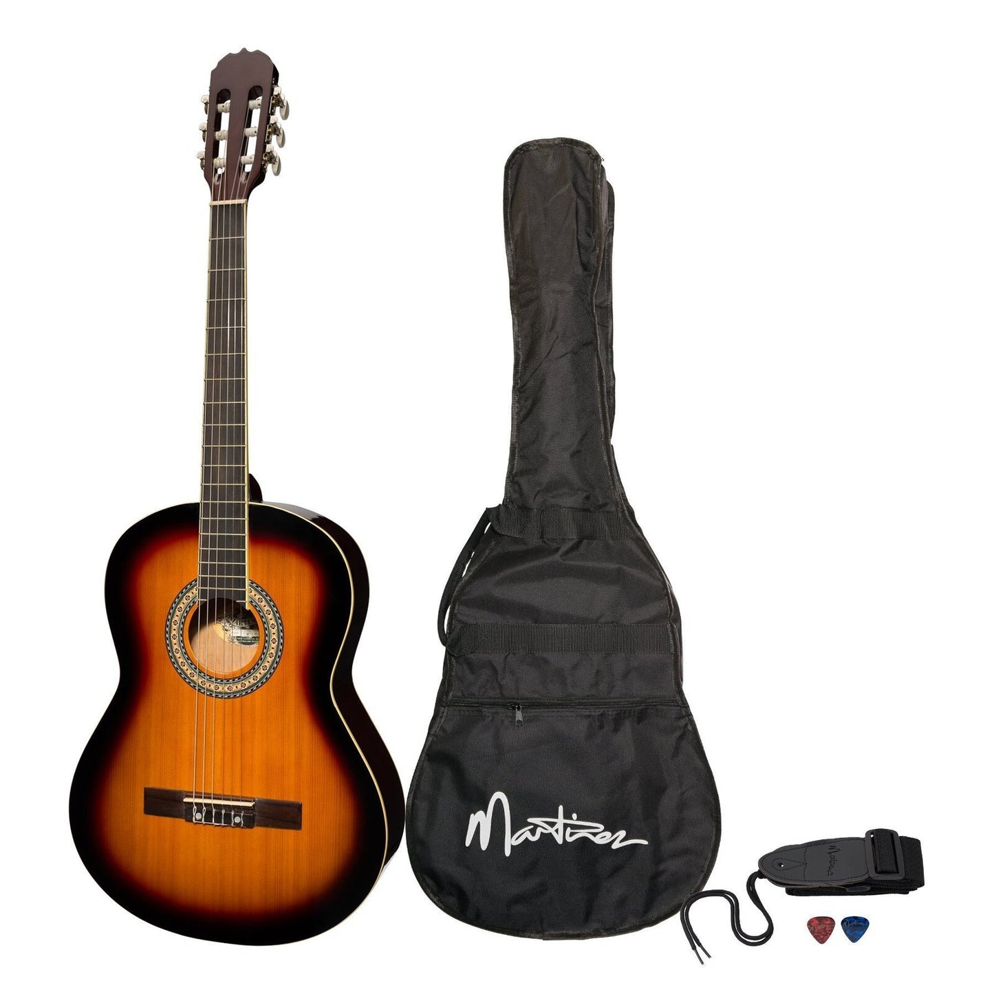 Martinez 'Slim Jim' Full Size Beginner Slim Neck Classical Guitar Pack with Built-In Tuner (Tobacco Sunburst)