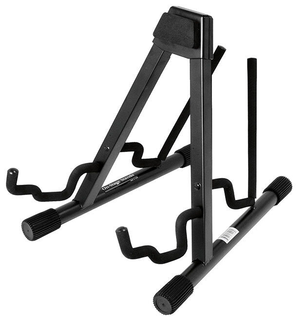 On Stage Double A-Frame Guitar Stand with Velveteen Rubber Padding, Black Powder Coat Finish