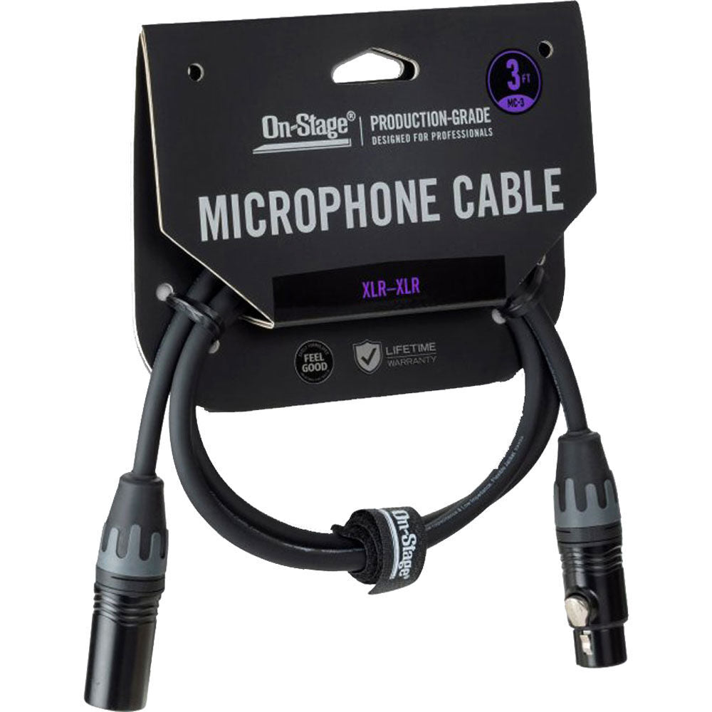 On Stage 3ft Microphone Cable XLR Male to XLR Female - Production-Grade, Gold-Plated Connectors, Double Shielded, 24 AWG