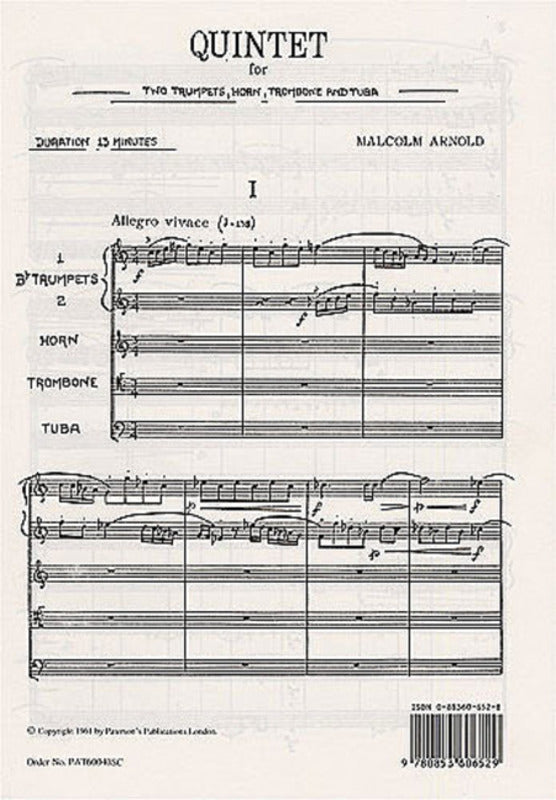 Arnold Quintet Brass Op 73 Score Book