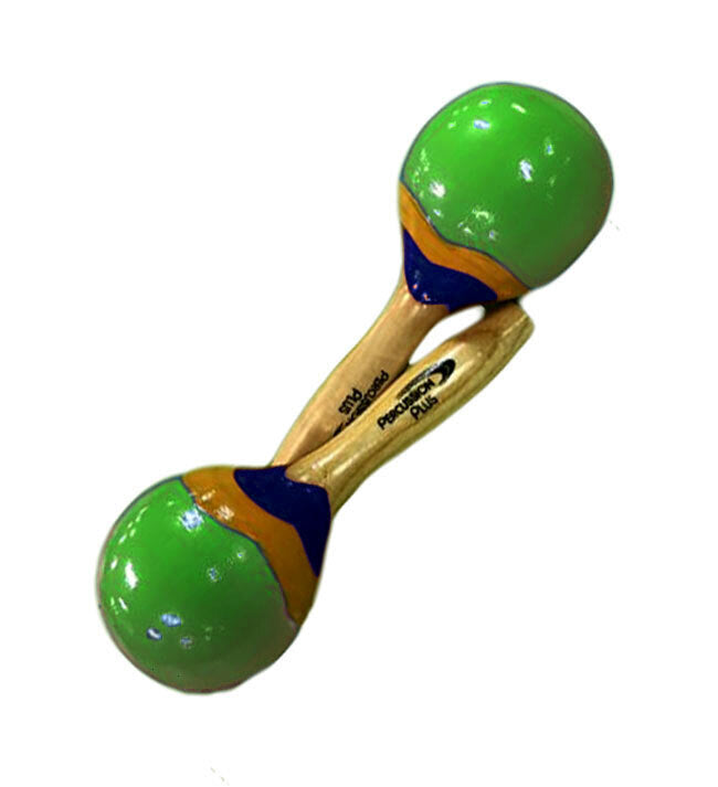 Percussion Plus Wooden Mini Maracas - Green & Patterned Finish, 13cm Length, 5cm Head Diameter, Sold as Pair