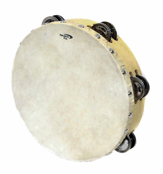 Percussion Plus 9" Wooden Tambourine with Head & 6-Double Rows of Jingles