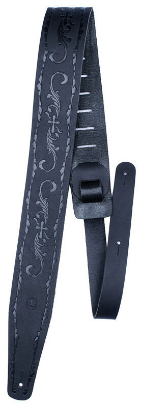 Perris 2.5" Black Belt Leather Guitar Strap with Embossed Scroll Design, Adjustable 44.5" to 53", Made in Canada