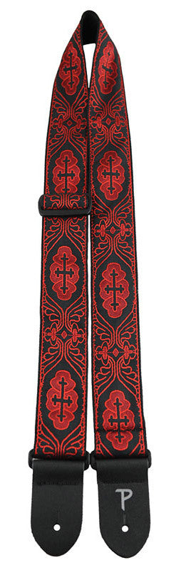 Perris 2" Jacquard Guitar Strap with Red Crosses on Black, Adjustable 39" to 58" Length, Leather Ends