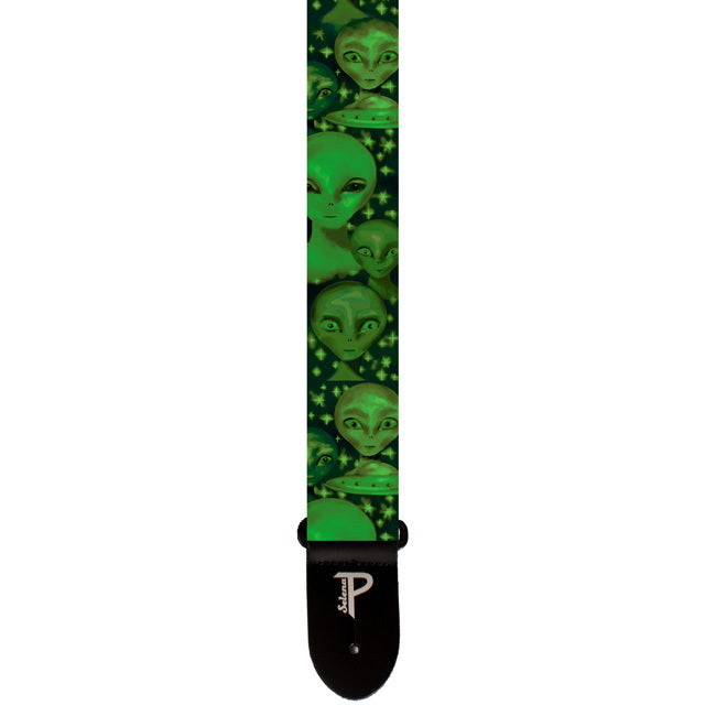 Perris 2" Green Aliens Polyester Guitar Strap with Leather Ends, Adjustable 34" to 51"
