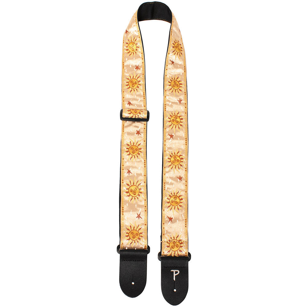Perris 2" Jacquard Guitar Strap - Gold Suns Design with Leather Ends, Adjustable 39" to 58"
