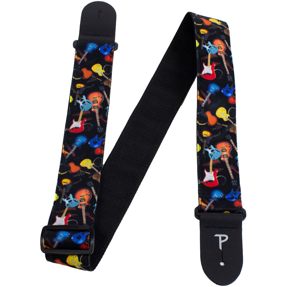 Perris 2" Adjustable Fabric Guitar Strap "Guitars Allover" Design with Black Leather Ends — view 3