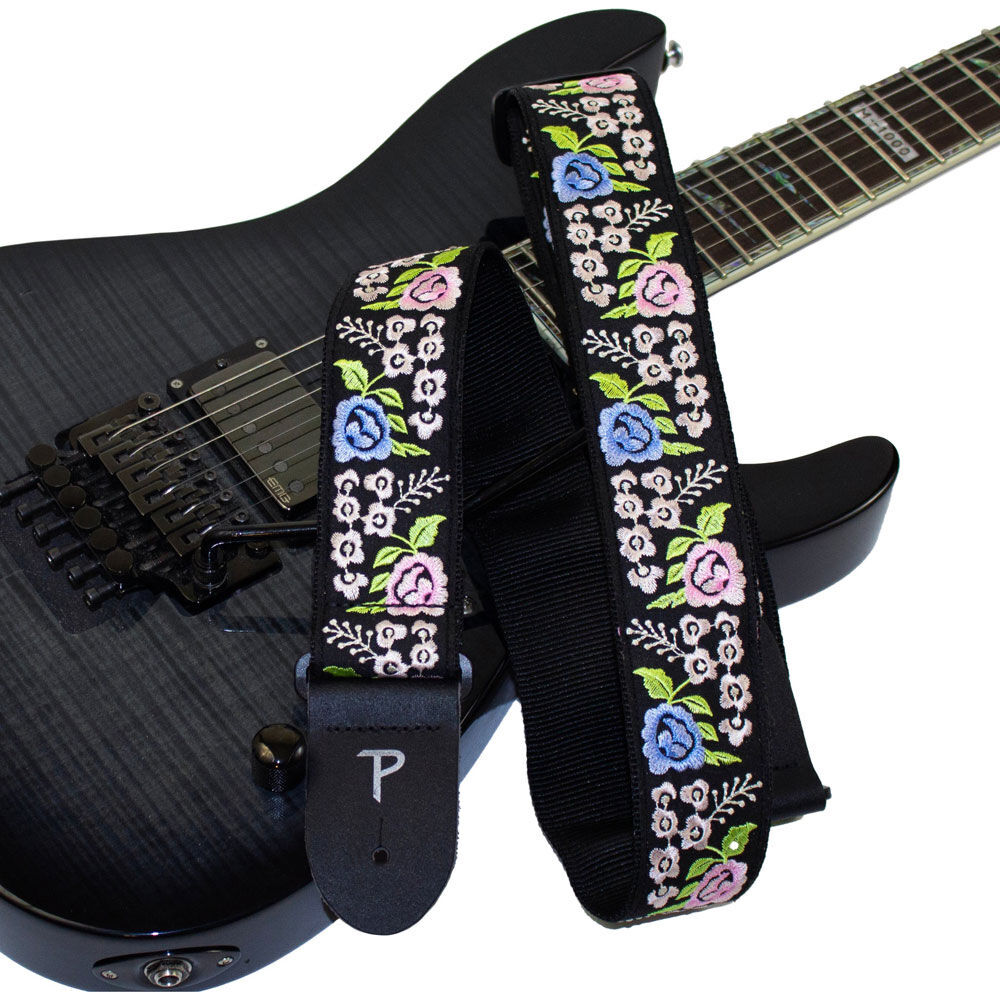 Perris 2" Jacquard Guitar Strap with Black Floral Trail Embroidery and Leather Ends, Adjustable 39" to 58" — view 4