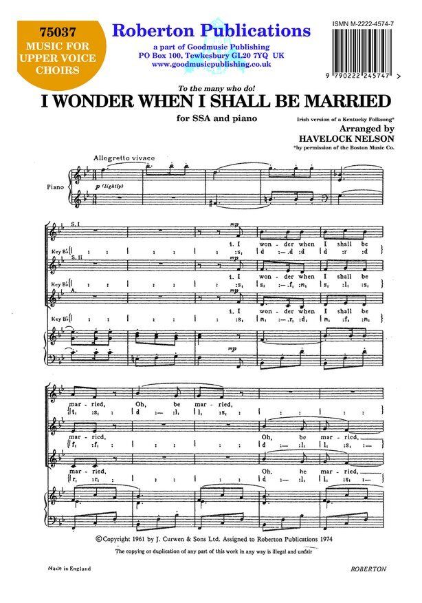 I Wonder When I Shall Be Married SSA/Piano by Roberton Publications