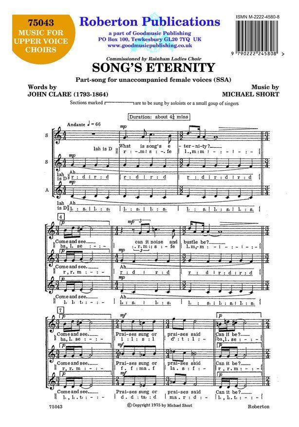 Songs Eternity SSA A Cappella by Michael Short, Roberton Publications, Choral, 1 Page