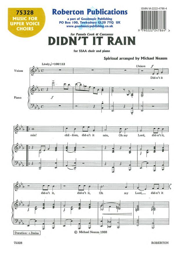 Didn't It Rain SSAA Choir and Piano Arrangement by Michael Neaum