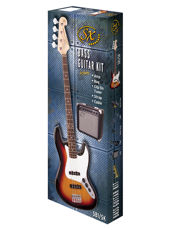 SX SB1SK 4/4 Bass Guitar Kit with 10W Amplifier, Gig Bag, Tuner, Strap, Lead, and Online Lessons - Candy Apple Red — view 5