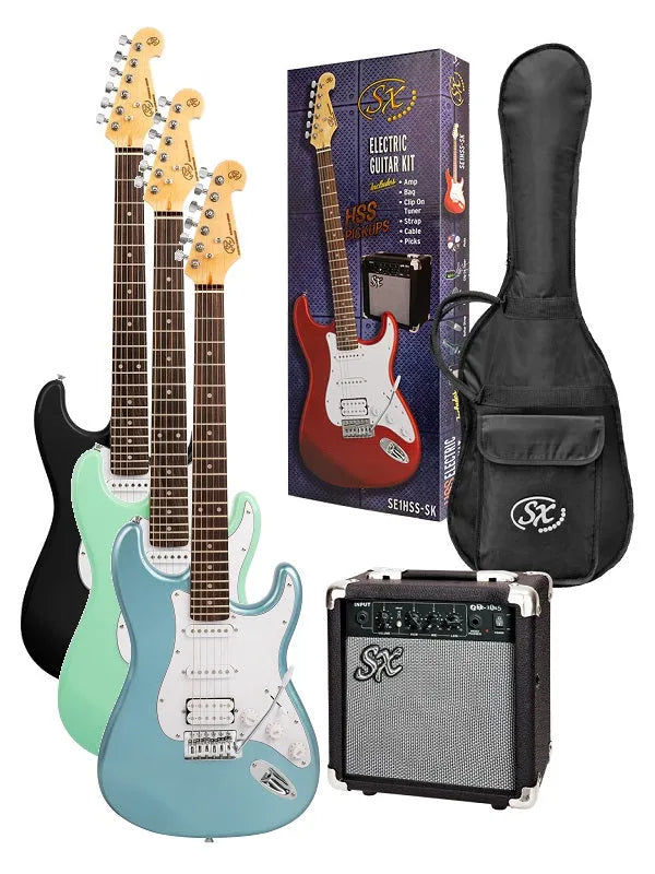 SX SE1SKH 4/4 Electric Guitar Pack with Amplifier and Accessories - Metallic Ice Blue