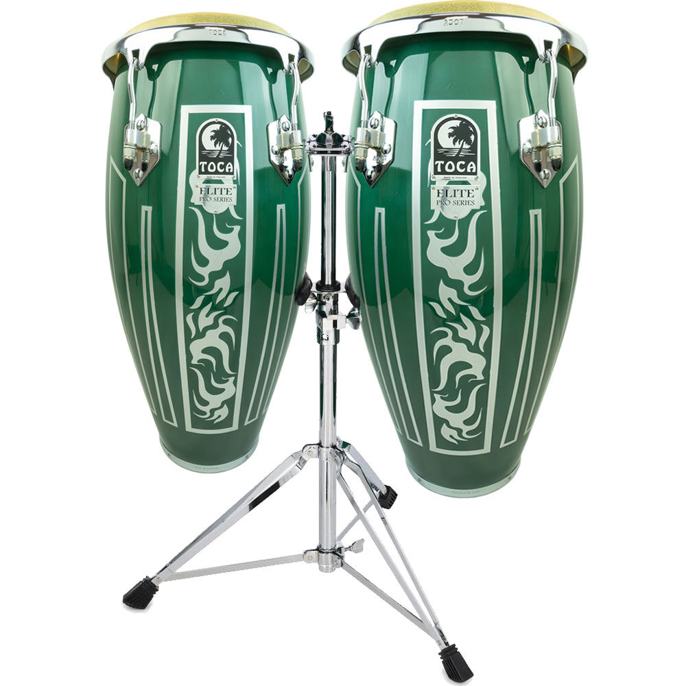 Toca 11 & 11"-3/4" Elite Pro Series Wooden Conga Set - Eldorado Green, Two-Ply Asian Oak, Double Stand, EasyPlay Hoops, Chrome Hardware