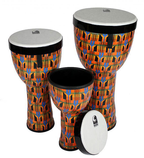 Toca Freestyle 2 Nesting Djembes Set in Kente Cloth - 8", 10", 12" - PVC Body, Removable Heads, Stackable Design - PK3