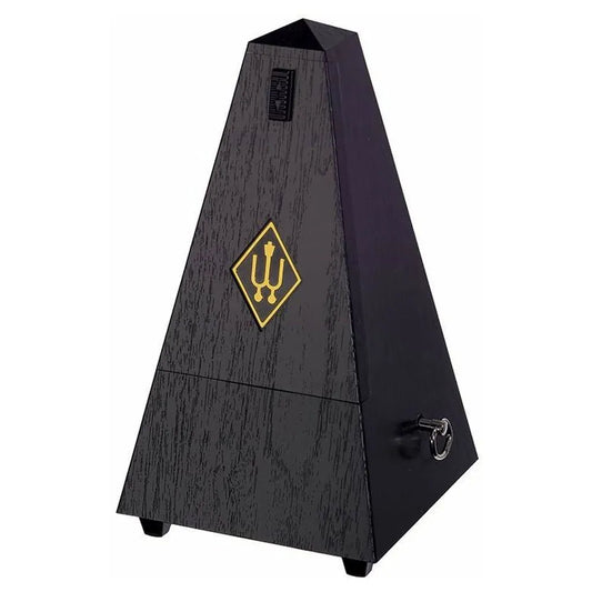 Wittner Black Plastic Metronome with Bell, Pyramid Style, Woodgrain Finish, Made in Germany, Model 855161