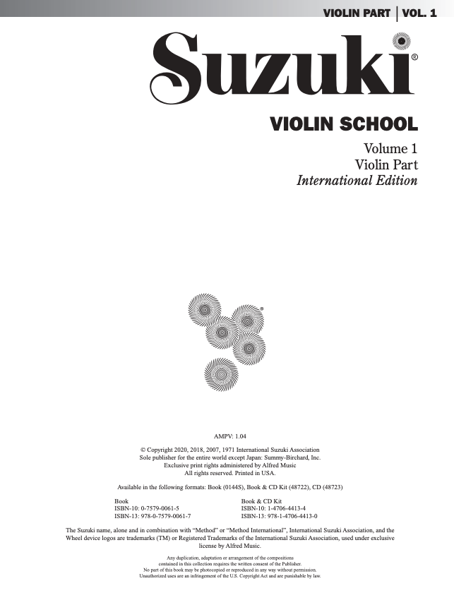Suzuki Violin School Book Vol. 1 International Edition - Violin Book Only [No CD] 0144S — view 3