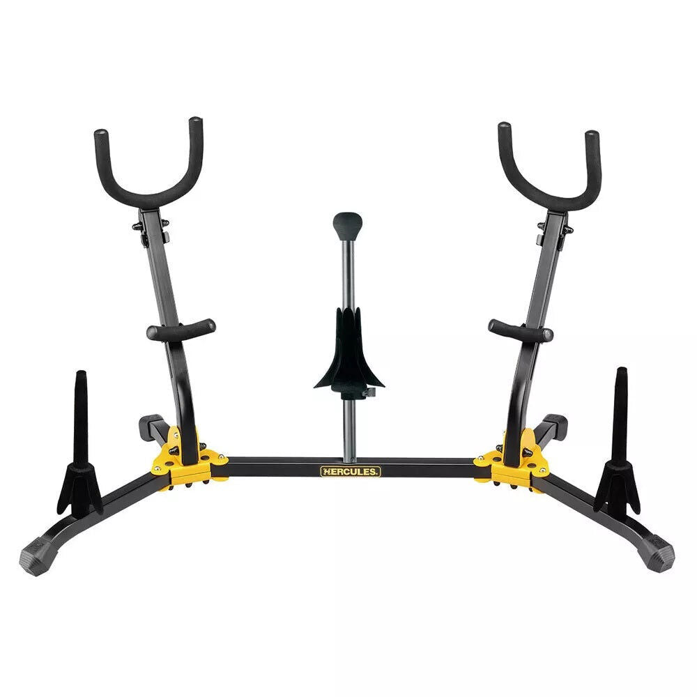 Hercules DS538B Duo Stand for Alto/Tenor Saxophones with Soprano Sax, Flute & Clarinet Pegs, Adjustable Backrests, Compact & Foldable Design
