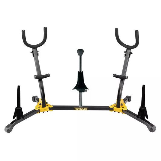 Hercules DS538B Duo Stand for Alto/Tenor Saxophones with Soprano Sax, Flute & Clarinet Pegs, Adjustable Backrests, Compact & Foldable Design