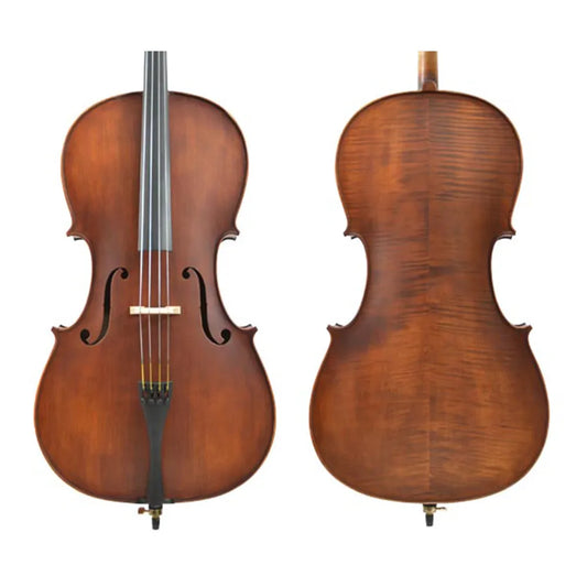 Enrico Custom Cello Outfit 4/4 with FPS Brazilwood Bow, Rosin, Padded Gig Bag, and Accessories