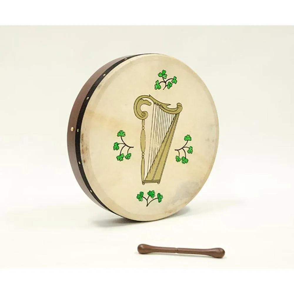 Tunable 18" Bodhran with Rosewood and Golden Harp Emblem, Natural Leather Skin, Internal Tuning Lugs, Includes Bag, Made in Pakistan