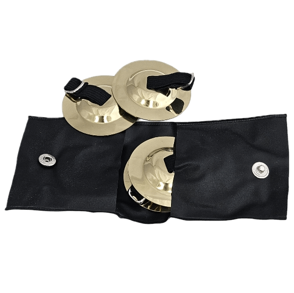 Brass Finger Cymbals Set - 2 Pairs, 2" Diameter with Adjustable Elastic Holders in Polythene Wallet