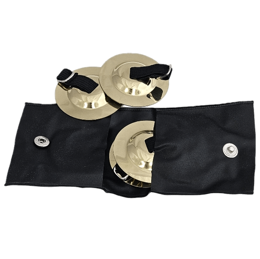 Brass Finger Cymbals Set - 2 Pairs, 2" Diameter, Adjustable Elastic Holders, Polythene Wallet