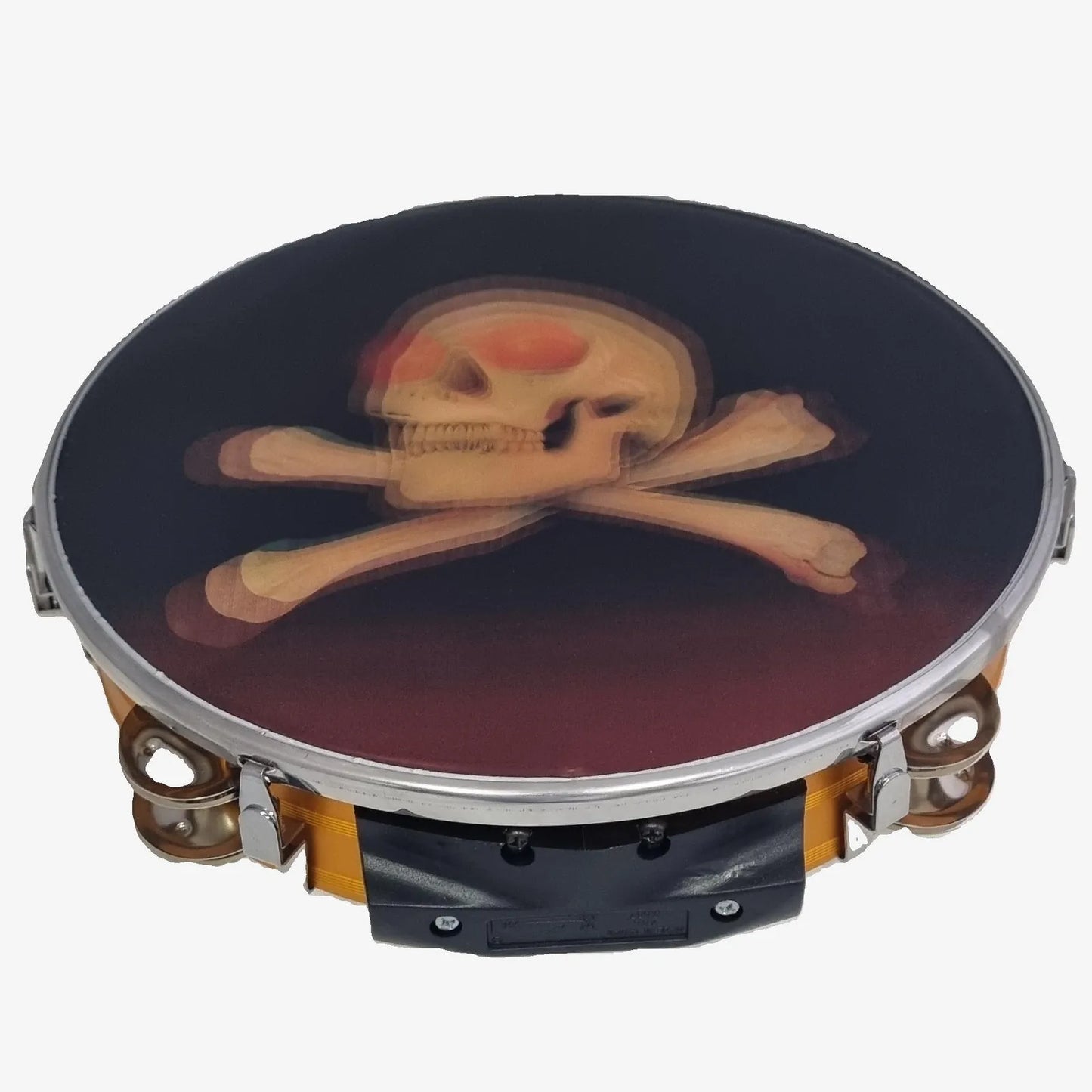 10" Tambourine with Skull & Cross Bones Design, 12 Jingles, Aluminum Frame - Red, Blue, or Gold