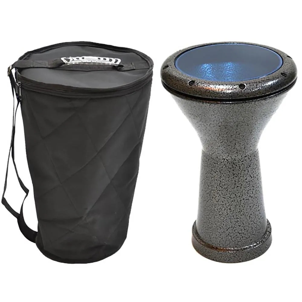 Darbuka Drum - Black Aluminium with Blue-Tint Head, 43cm Height, Includes Carrying Bag and Tuning Key