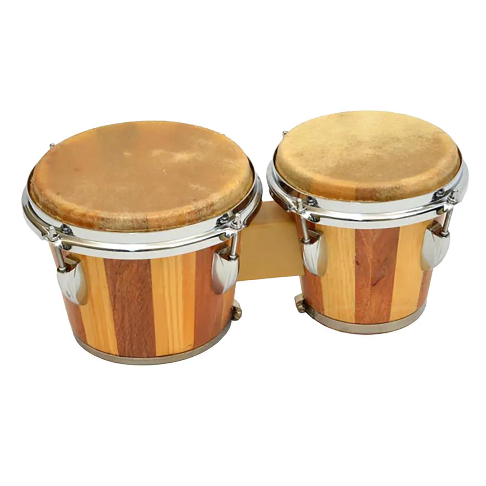 Wooden Tunable Two Tone Bongos Set - 7" & 8" Natural Skin Heads, Dark & Light Brown, Chrome Hardware, Steel Band, Student Style