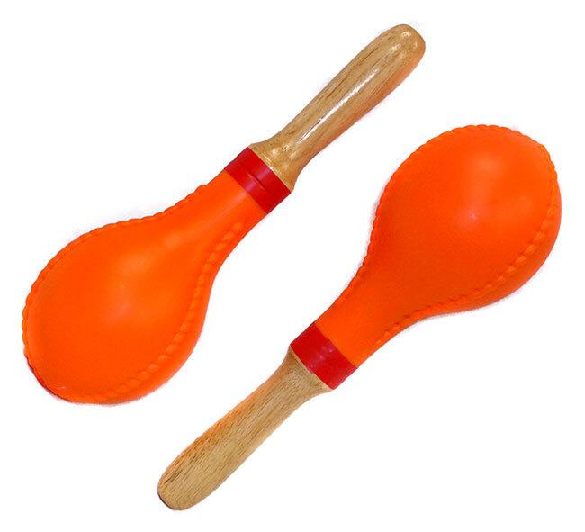 Percussion Plus Orange Plastic Head Maracas with Wooden Handles, Pair, 25.5cm Length, 9.4cm Head Diameter