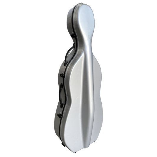 Vivo V703-44SL Polycarbonate Cello Case for 4/4 - Silver with Plush Interior, Bow Holders, Neck Restraint, and Wheels