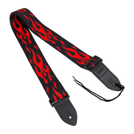 Fretz FGST-C21 Printed Polyweb Guitar Strap with Microfiber Leather Ends, Red Flame, 2" Wide, Adjustable Up to 57" Length