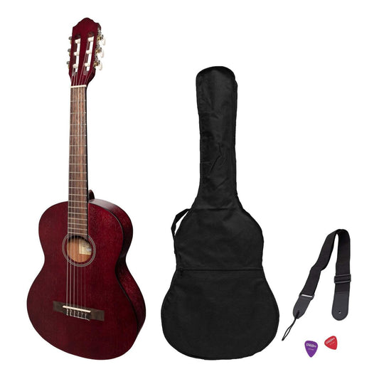 Martinez Slim Jim 3/4 Size Student Classical Guitar Pack with Built In Tuner - Red