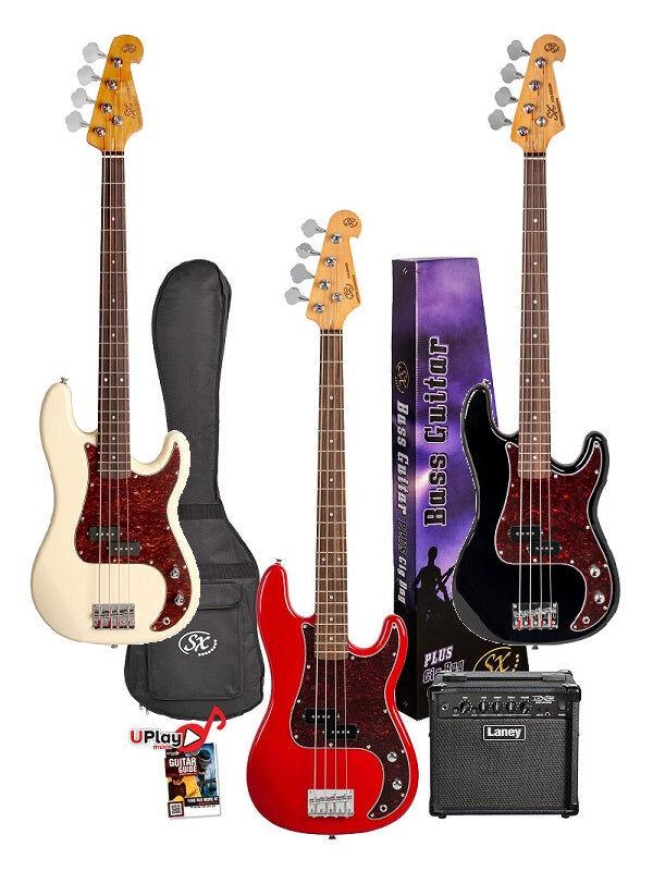 SX Vintage Style Bass Guitar and LX15B Amplifier Pack with Gig Bag and Accessories