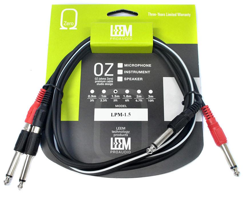 Leem 1.5m Double Interconnect Cable with 2 x 1/4" Mono Plugs and 2 x RCA Jacks or 2 x 1/4" Mono Plugs