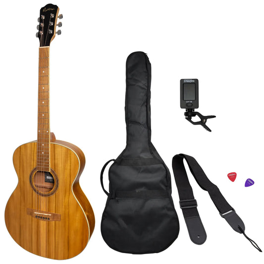Martinez 41 Series Folk Size Acoustic Guitar Pack Koa with Gig Bag, Tuner, Picks, and Strap