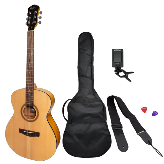 Martinez '41 Series' Folk Size Acoustic Guitar Pack with Gig Bag, Tuner, Picks, and Strap - Spruce/Koa, Right-Handed, 6 Strings