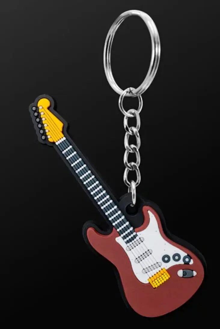 Musician Electric Guitar Brown Keyring - 3D Design, Durable PVC, Gift Envelope Included
