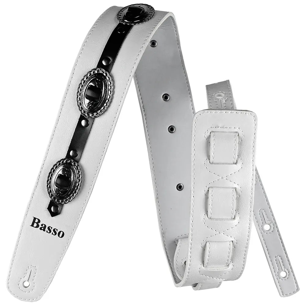 Basso Guitar Strap - Wanted! Country Vegan - White VT CT 04, Adjustable 92 to 145 cm, 6 cm Width, 100% Vegan Material, 5 Decorative Conchos